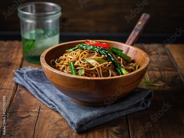 Obraz Vibrant Chow Mein Noodles with Fresh Vegetables in Wooden Bowl High Angle View