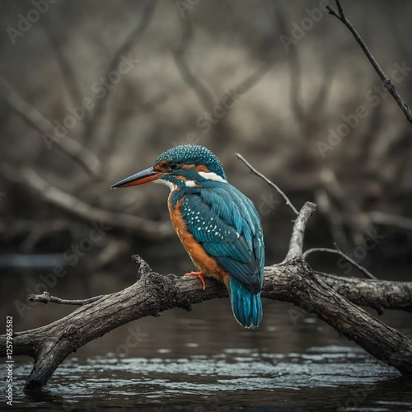Fototapeta A kingfisher resting on a bare tree branch over a river.