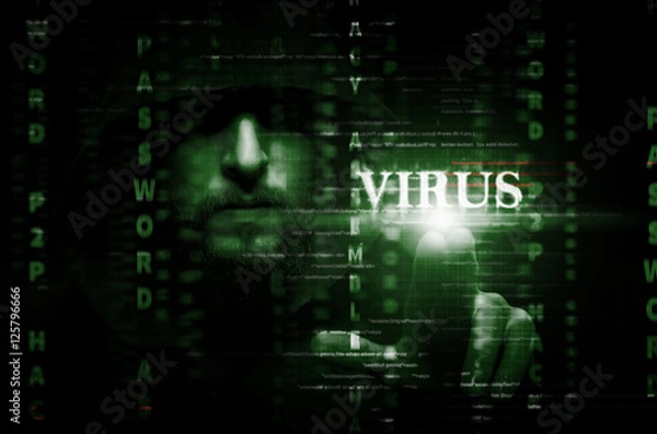 Fototapeta hacker at work with graphic user interface around