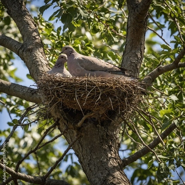 Fototapeta A family of doves building a nest in the crook of a tree.