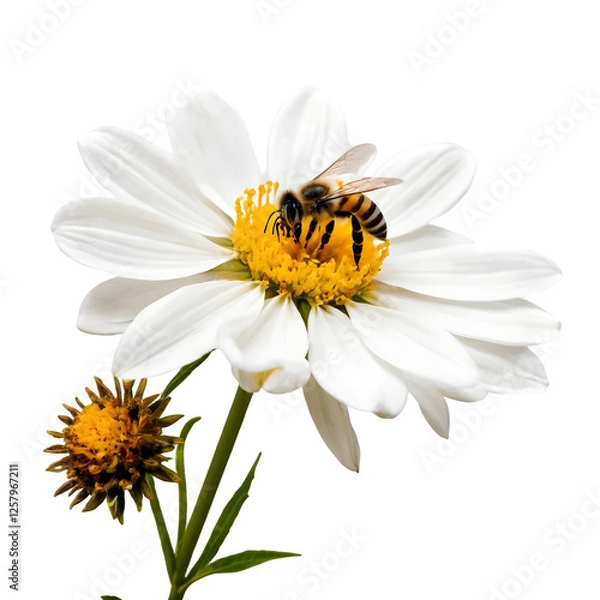 Fototapeta A flower with a bee pollinating it on a transparent background PNG  
