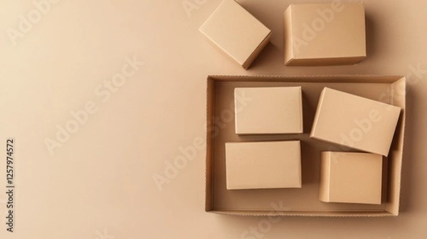 Fototapeta Cardboard boxes in a larger box on beige background; packaging, shipping, delivery concept