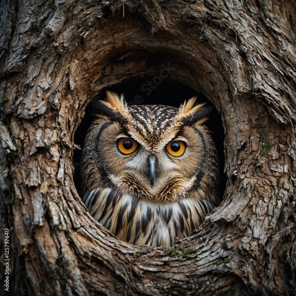 Fototapeta A wise old owl hidden in a tree hole.