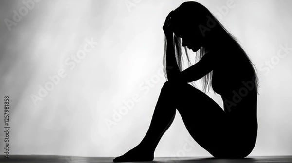 Fototapeta Silhouette of a person sitting in a slumped posture, head in hands, against a light gray background. The image evokes a sense of sadness or despair