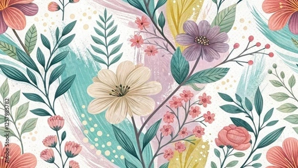 Fototapeta Spring Paintbrush Strokes: Digital Art, Texture, Abstract Background, Floral Design, Watercolor Effect, Brushstrokes, Pastel Colors, Spring Backgrounds, High Resolution, Painting Texture