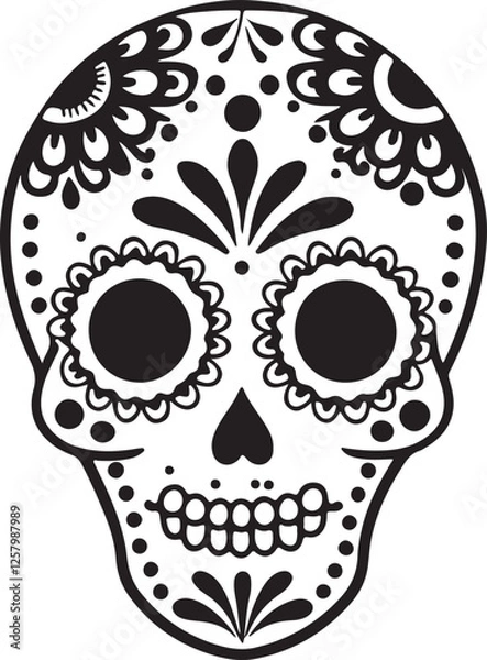 Fototapeta Elegant Black Sugar Skull Silhouette with Floral Elements for Dia de los Muertos vector Silhouette isolated with white background