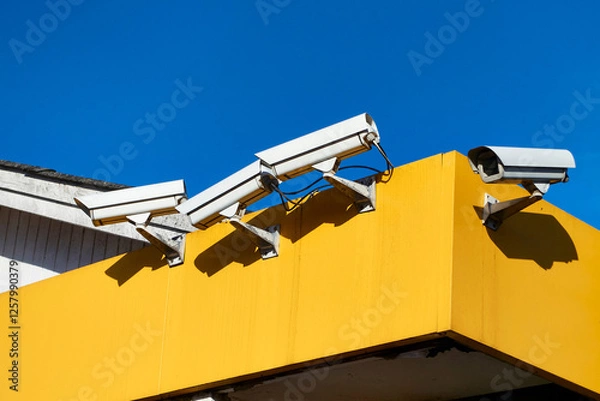 Fototapeta Four Security Cameras Mounted on a Bright Yellow Building Against Blue Sky