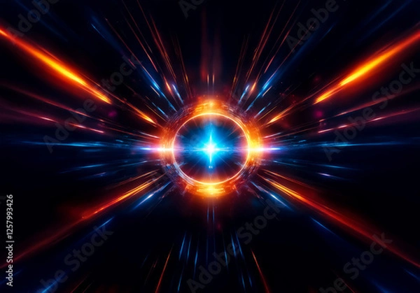 Fototapeta Vibrant central light source with radiating blue and orange beams creates a dynamic, abstract, and energetic burst against a dark backdrop.