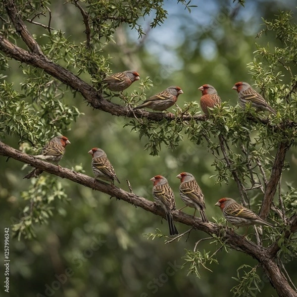 Fototapeta A group of finches hopping from branch to branch.