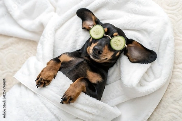 Fototapeta Pawsitively Pampered: A dachshund pup enjoys a luxurious spa day, sporting cucumber slices over its eyes, wrapped in a plush white towel, radiating pure relaxation and canine bliss. 