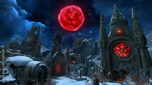Fototapeta Blood moon over snowy gothic ruins; fantasy game scene