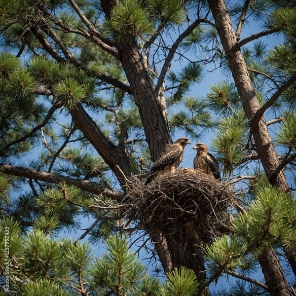 Fototapeta A hawk’s nest high in a towering pine tree.