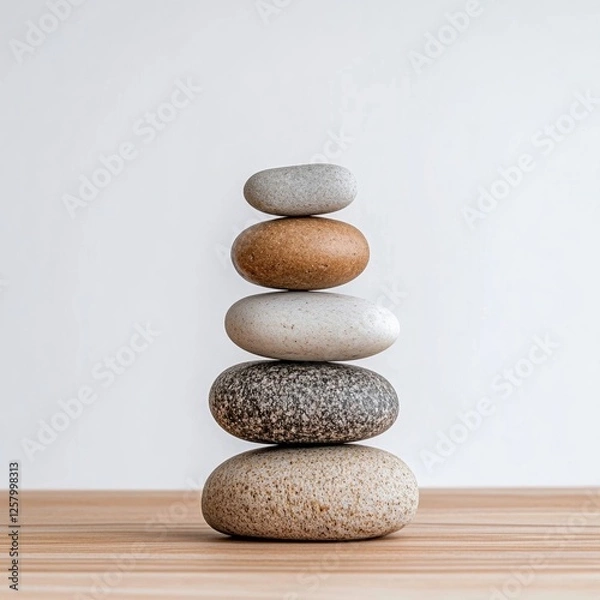 Fototapeta Meditation stones stacked in perfect balance on a wooden surface isolated on white background symbol of harmony and peace 