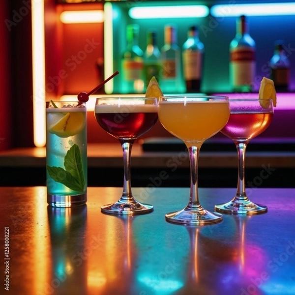 Fototapeta Four cocktails illuminated by neon lights on a bar counter