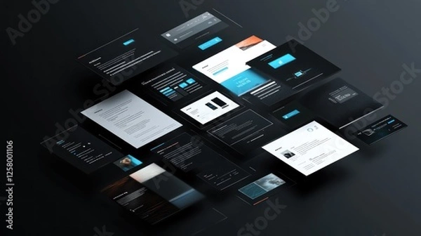 Fototapeta Website design elements, dark theme, floating, tech background, for marketing