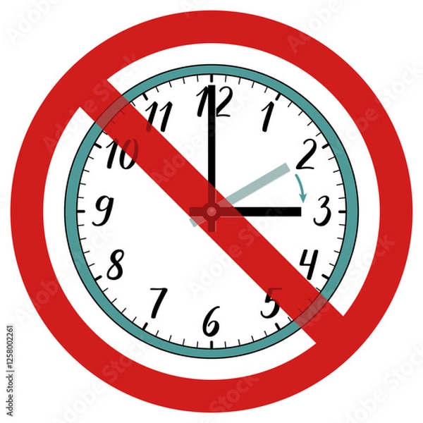 Fototapeta An illustration of a clock showing time adjustment, crossed out with a red circle, symbolizing the absence of the need to change clocks. Represents regions that do not observe daylight saving time.