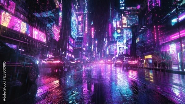 Fototapeta Glowing neon cyberpunk city street view with abstract digital rain effects, vibrant holograms and futuristic city atmosphere, background wallpaper AI generated image