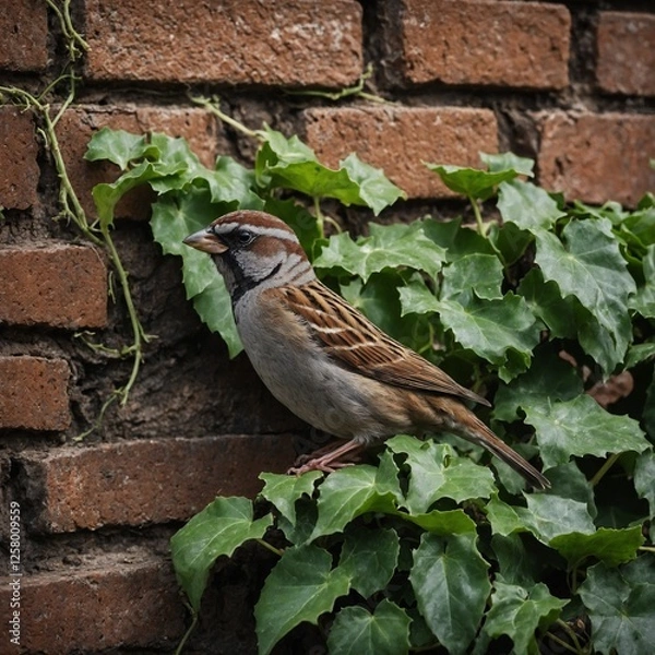 Fototapeta A tiny sparrow perched on an old brick wall covered in ivy.