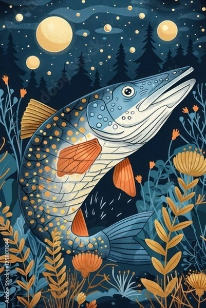 Fototapeta A stylized illustration of a fish surrounded by plants and a starry background.