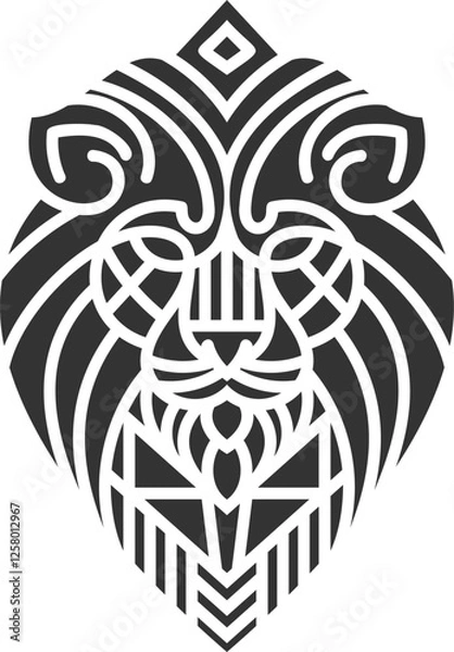 Fototapeta Intricate black and white geometric lion head design featuring tribal patterns, symmetrical lines, and bold abstract elements.