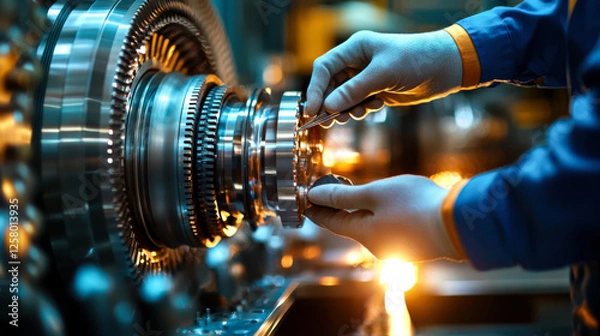 Fototapeta Close up of engineer hands working on machinery, showcasing precision and skill in factory setting