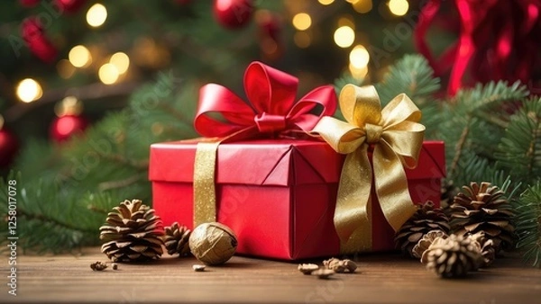 Fototapeta "AI-Generated Christmas Table Decor with Glowing Snowflake and Wrapped