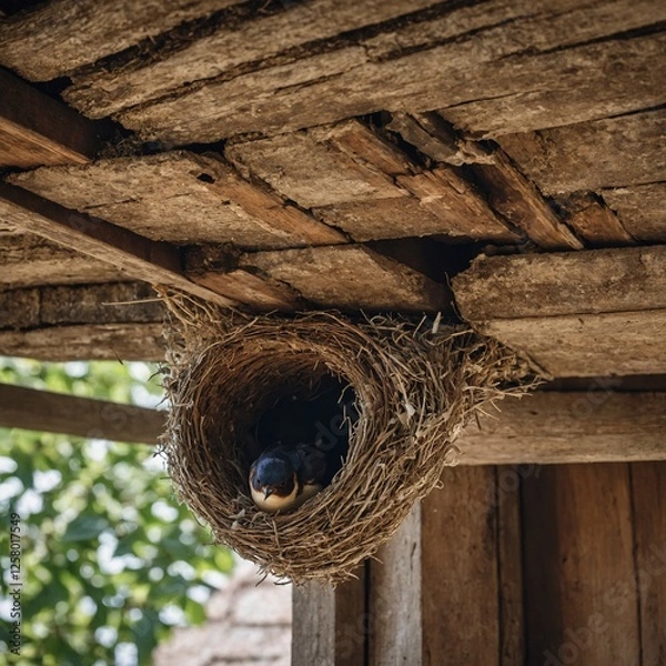 Fototapeta A swallow building a nest under the eaves of an old house.