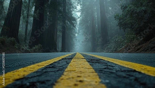 Fototapeta An empty road winds through the redwood forest, with fog and tall trees on both sides, leading into the unknown distance.