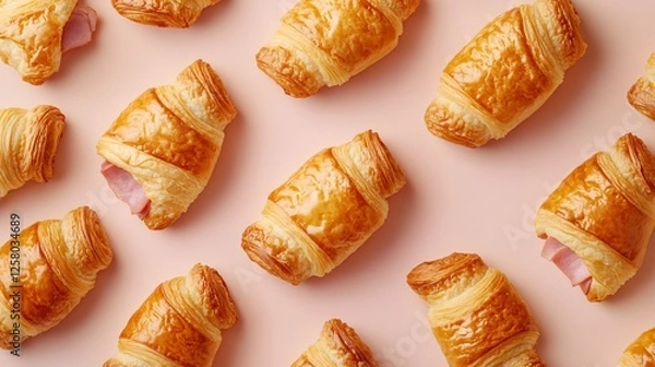 Fototapeta An overhead view of ham and cheese croissants, arranged in a diagonal pattern, isolated on a pastel beige background