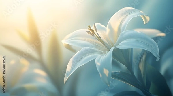 Fototapeta Serene White Lily Bloom in Soft Focus with Gentle Light Background