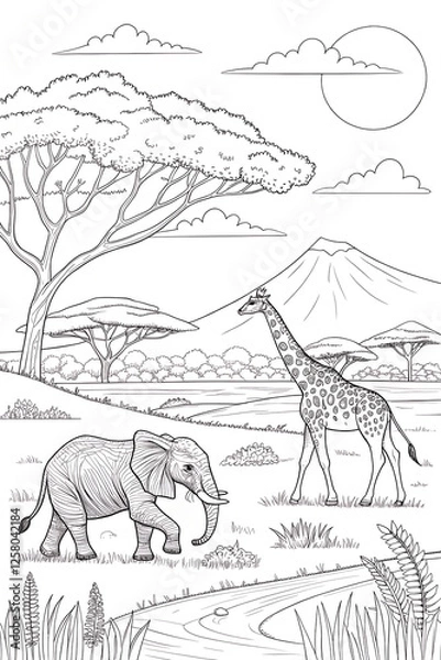 Fototapeta An elephant and a giraffe are standing in a savanna scene.
