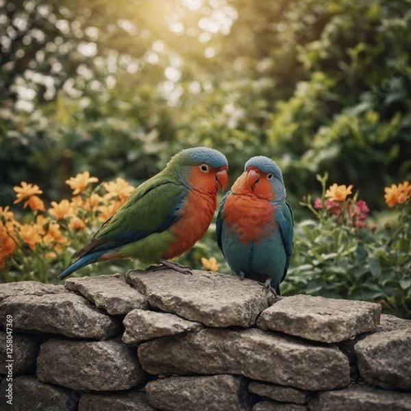 Fototapeta A flock of birds resting on an abandoned fortress wall.

