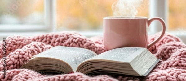 Fototapeta Close-up of an open book and a steaming coffee mug on top, with a pastel pink knitted blanket by the window.