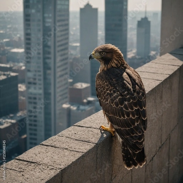 Fototapeta A hawk sitting on the ledge of a tall building.