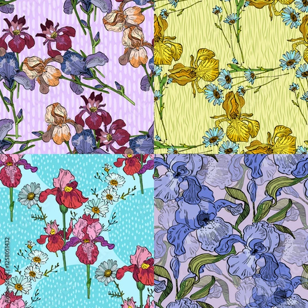 Fototapeta Seamless Pattern with Irises and daisies. Color sketch style hand drawn background. Detailed illustration, hand drawn. Great for fabric and textile, prints, invitation, packaging