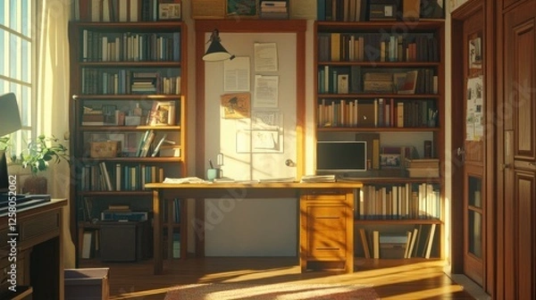 Fototapeta Peaceful study area with natural light, a desk that avoids being directly in line with the door, and uncluttered shelves