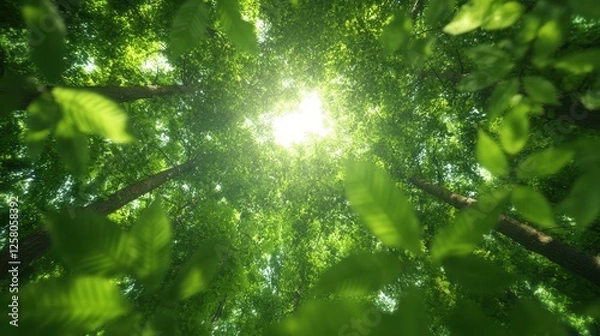 Fototapeta A breathtaking view of a lush green forest stretching upward with sunlight streaming through the leaves, showcasing a serene and peaceful natural environment.