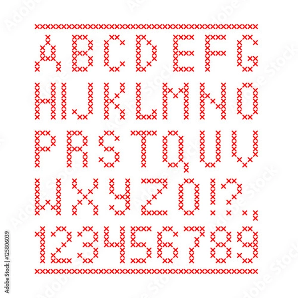 Fototapeta Embroided by cross stitch english alphabet with numbers and symbols isolated on white background.