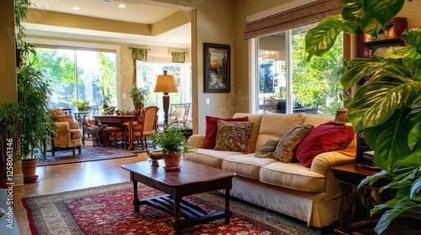 Fototapeta Relaxing family room with furniture placed against walls for support, an open layout, and plants in the health area