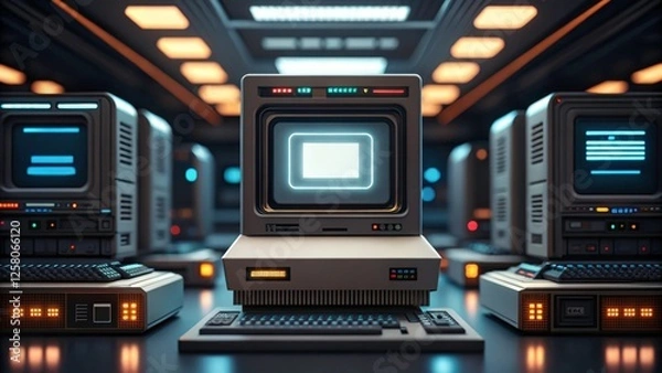 Fototapeta a row of retro computers with glowing screens, in a futuristic setting. This image captures the essence of the past and the future, with a touch of nostalgia and technology.  