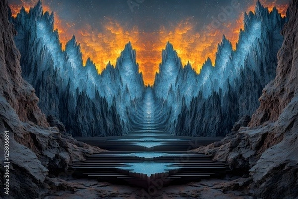 Obraz Surreal Alien Landscape-  Fiery Sky, Blue Mountains, and a Mysterious Path