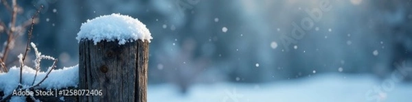 Fototapeta Snowflakes settle on a frosty wooden fence post, branch, cold, icy