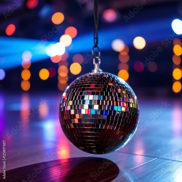 Fototapeta A shiny disco ball on a dance floor with colorful bokeh lights in the background creating a vibrant party atmosphere Bokeh light lights background bokeh abstract light bright effect shiny