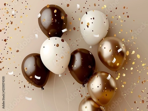 Fototapeta Festive beige background featuring brown and white balloons and golden confetti, perfect for birthday party banner designs.