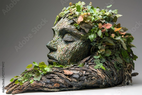 Fototapeta A vibrant living sculpture made of plants and found materials, showcasing sustainability with intricate details and a harmonious atmosphere.