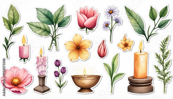 Obraz The Wheel of the Year. Enchanting Ostara altar stickers with candles and herbs, spring ritual