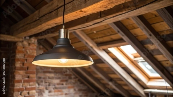 Fototapeta A closeup of a modern pendant light fixture hanging from the ceiling its warm glow illuminating a newly renovated attic space filled with character and charm.