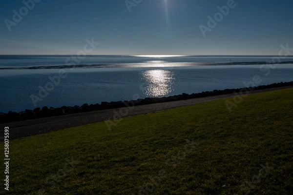 Obraz A serene coastal view on Schiermonnikoog, where the sun reflects on the calm sea, framed by a green embankment