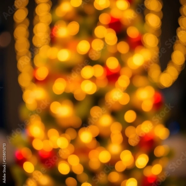 Fototapeta Blurred christmas tree with golden and red ornaments abstract background for design greeting card or banner shallow depth of field christmas lights background Bokeh light lights background boke