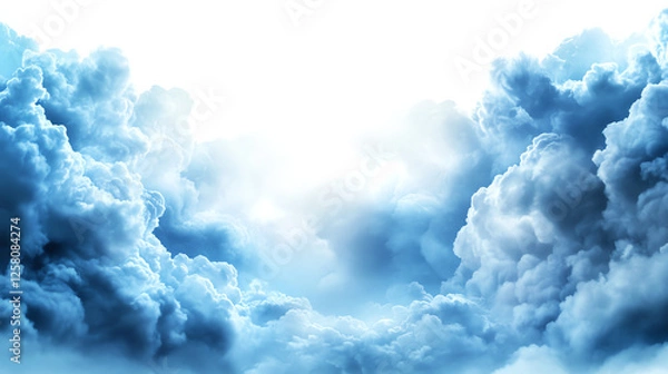 Fototapeta A stunning view of fluffy clouds illuminated by soft light, creating a serene atmosphere. Ideal for projects related to nature, weather, or tranquility.